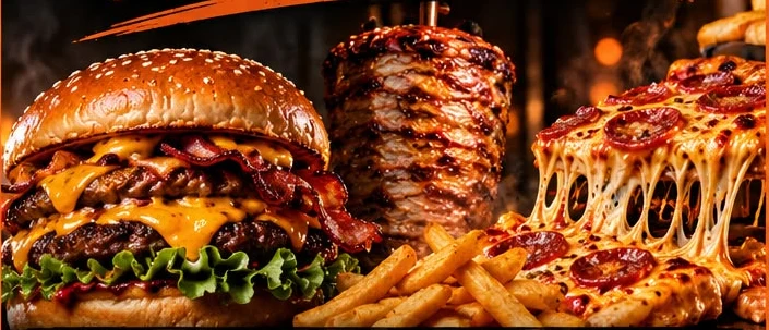 Double smash burger with bacon and cheese, donner kebab, fries and pepperoni pizza